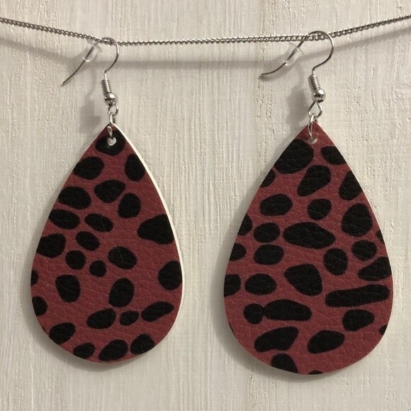 Taupe Animal Print PU Leather Teardrop Earrings - Picture 1 of 4